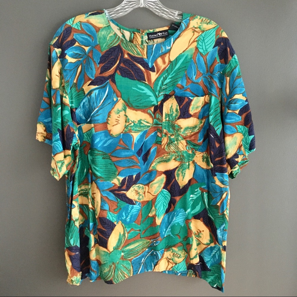 Vintage Hunters Run Tropical Print Pocket Short Sleeve Tee Shirt Size Large
